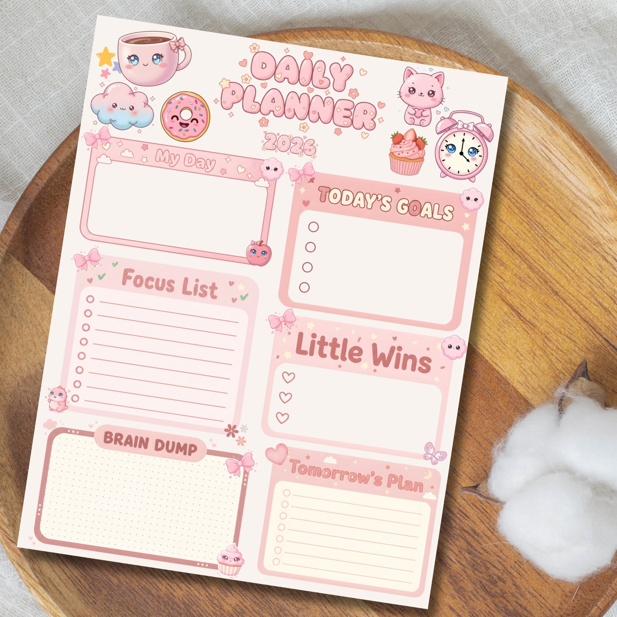 Kawaii Daily Planner Printable 8.5x11 | Cute Pink Pastel Planner PDF