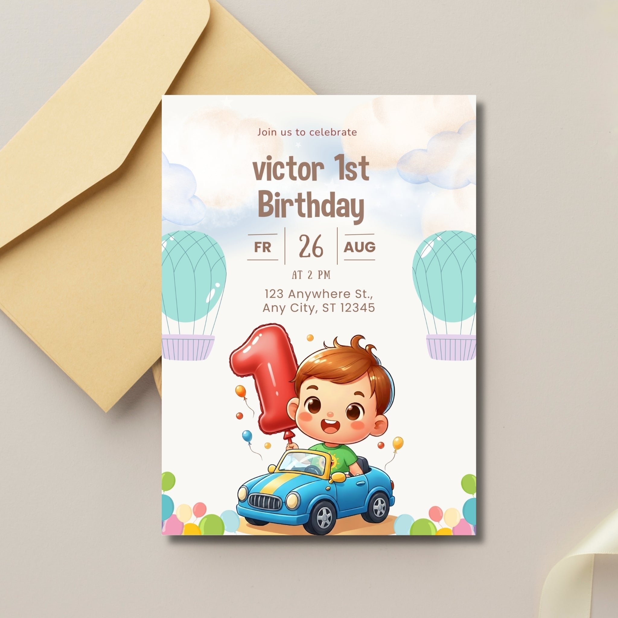 🎂 First Birthday Invitation – Editable Canva Template (1 Year)