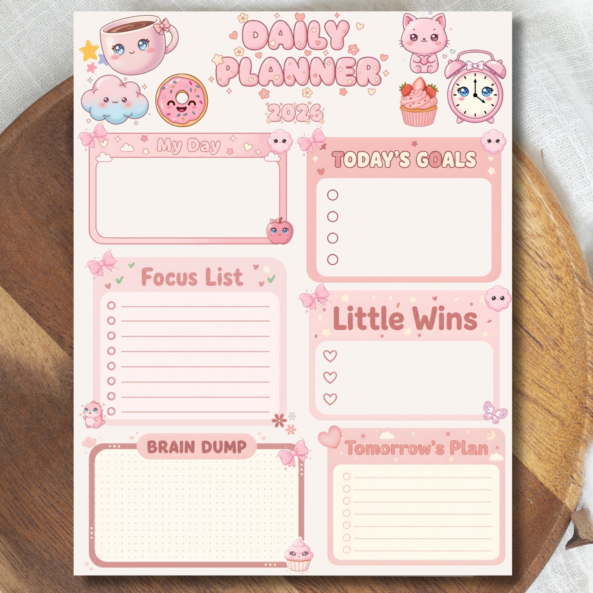 Kawaii Daily Planner Printable 8.5x11 | Cute Pink Pastel Planner PDF