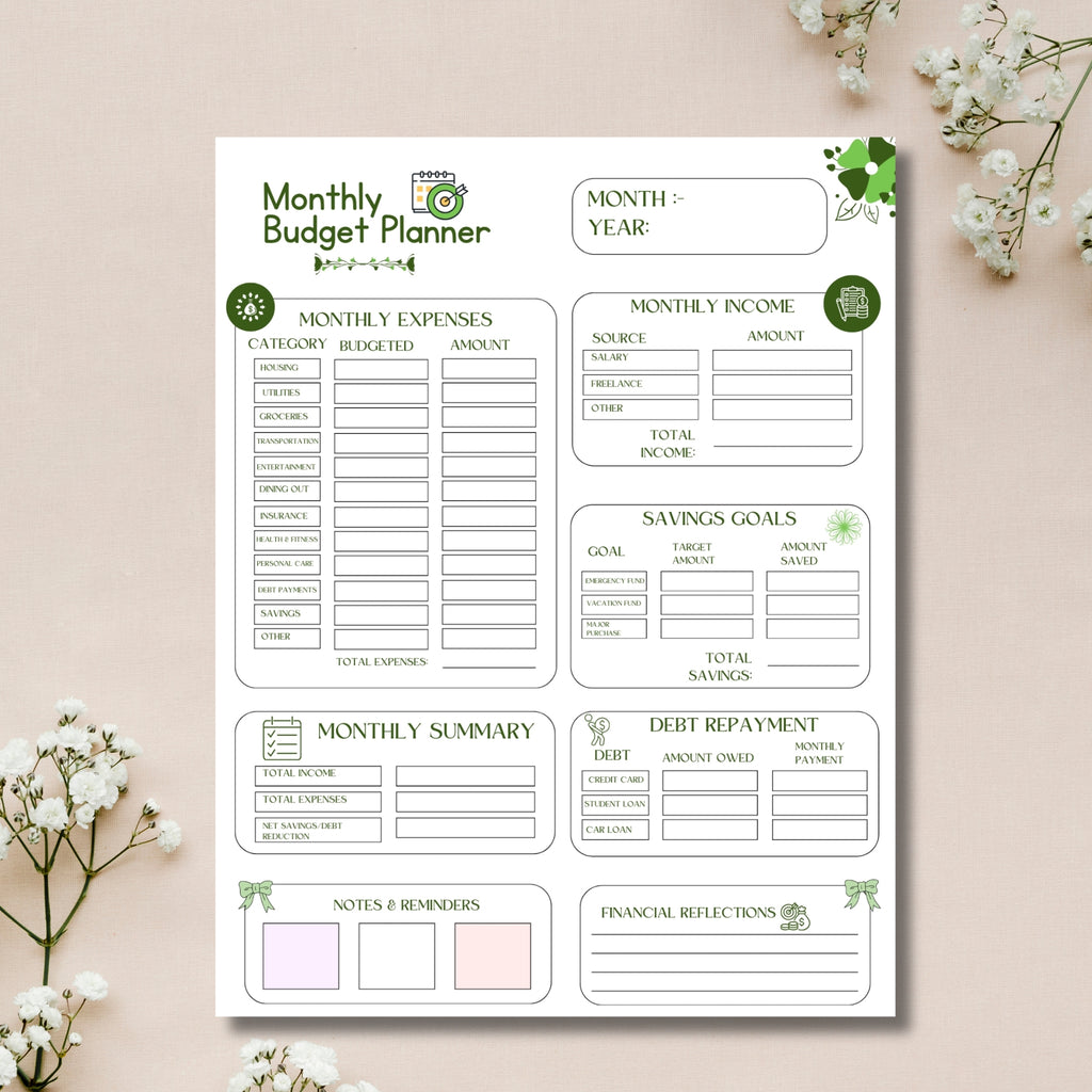 Monthly Budget Planner 8.5×11 Printable | One Page Budget Sheet