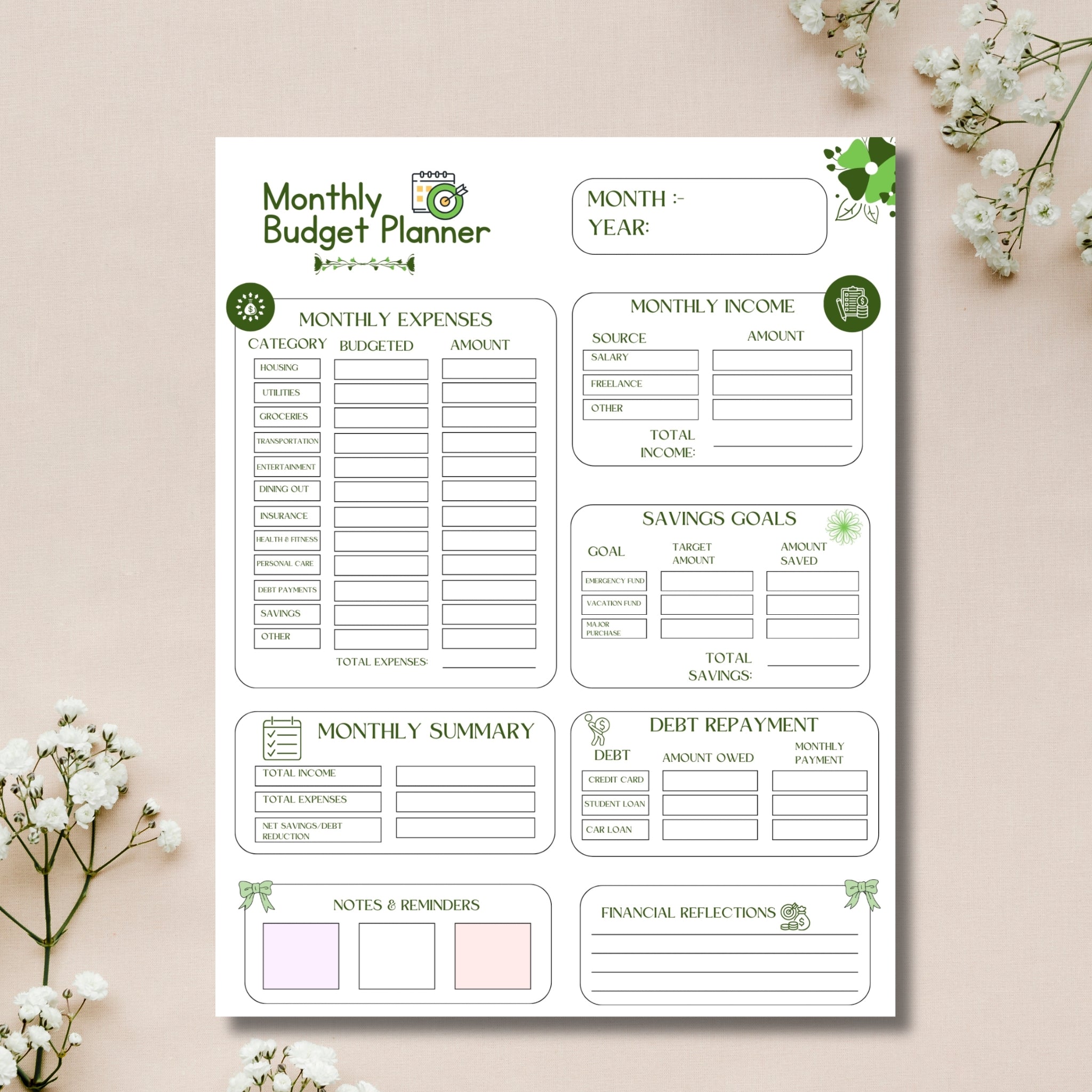 Monthly Budget Planner 8.5×11 Printable | One Page Budget Sheet