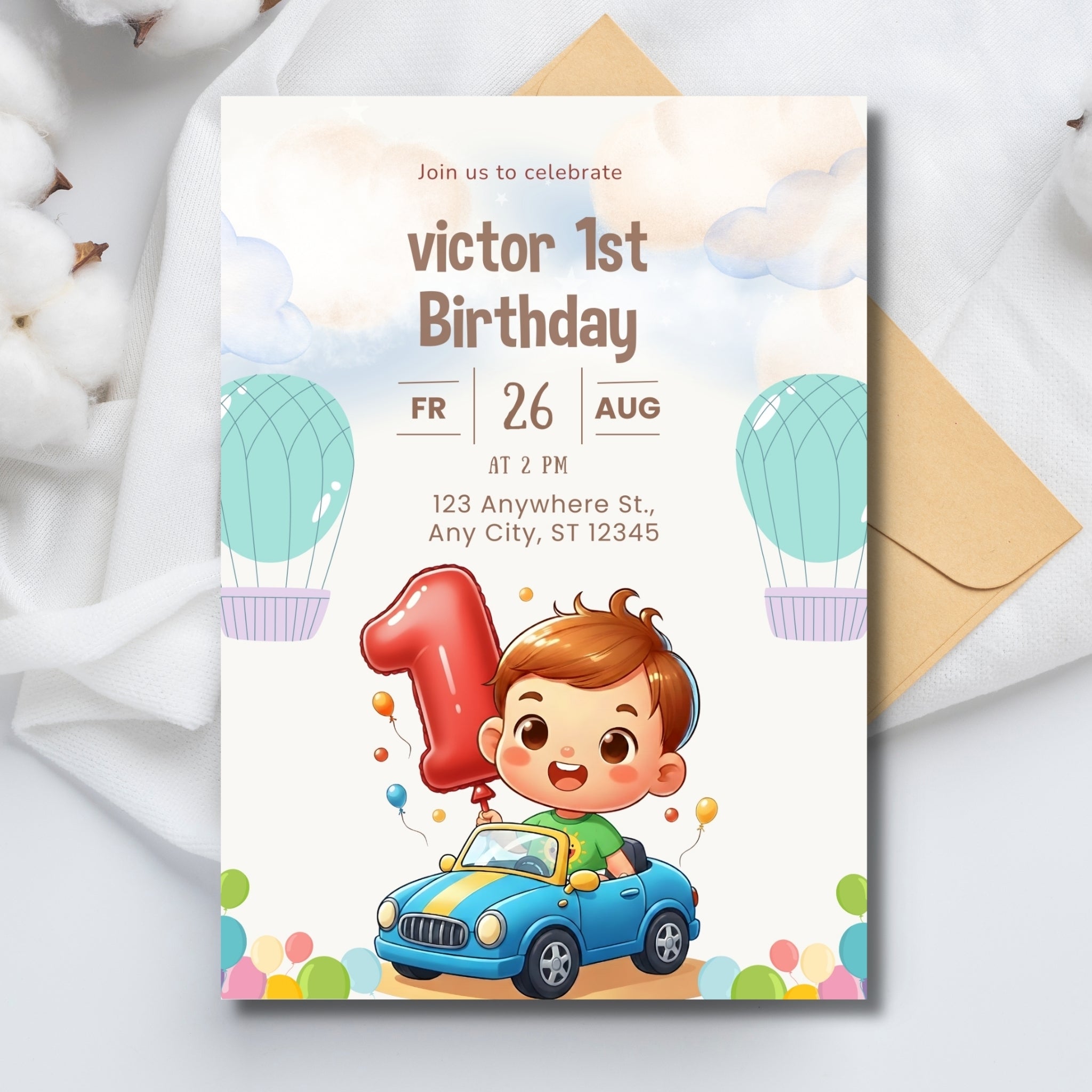 🎂 First Birthday Invitation – Editable Canva Template (1 Year)