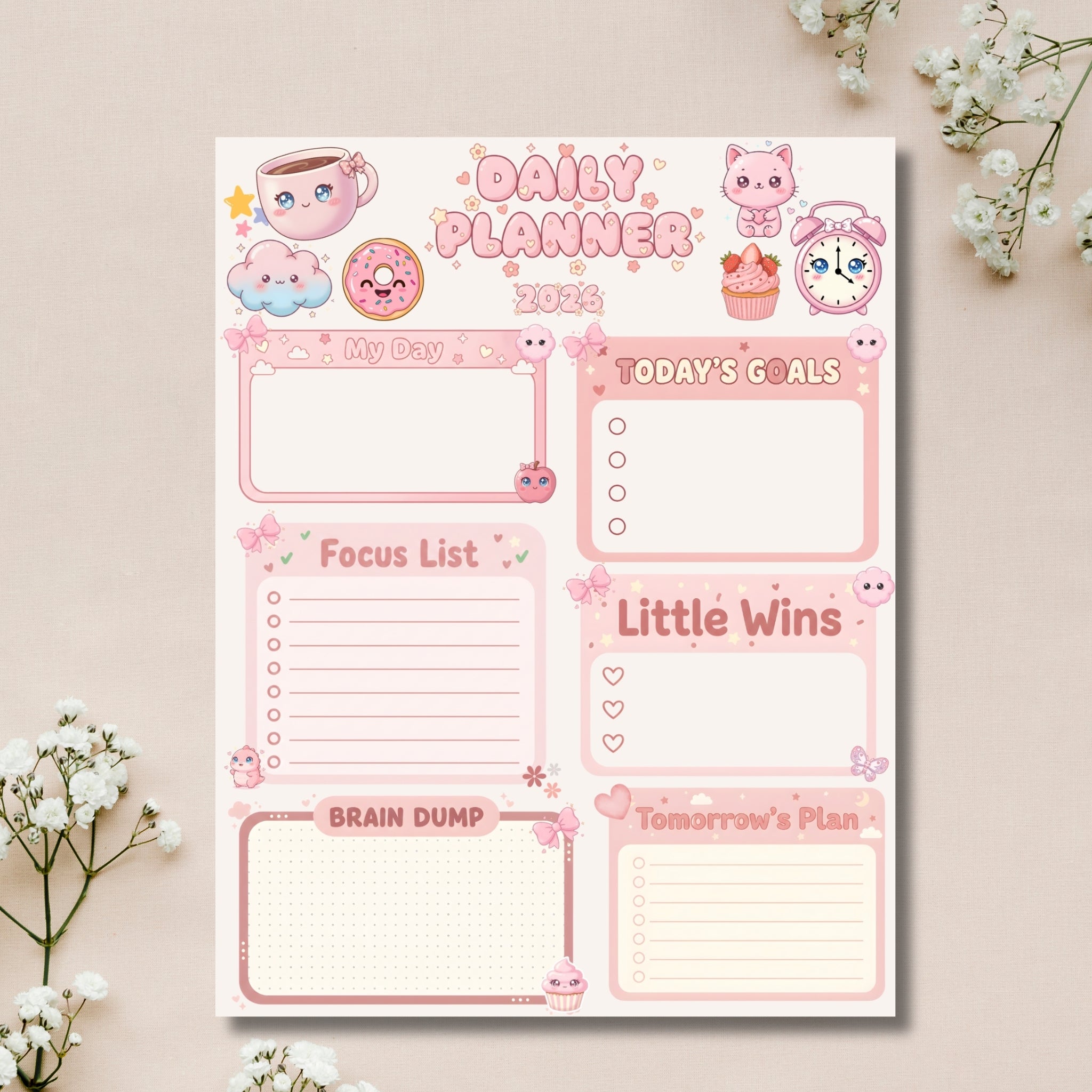 Kawaii Daily Planner Printable 8.5x11 | Cute Pink Pastel Planner PDF