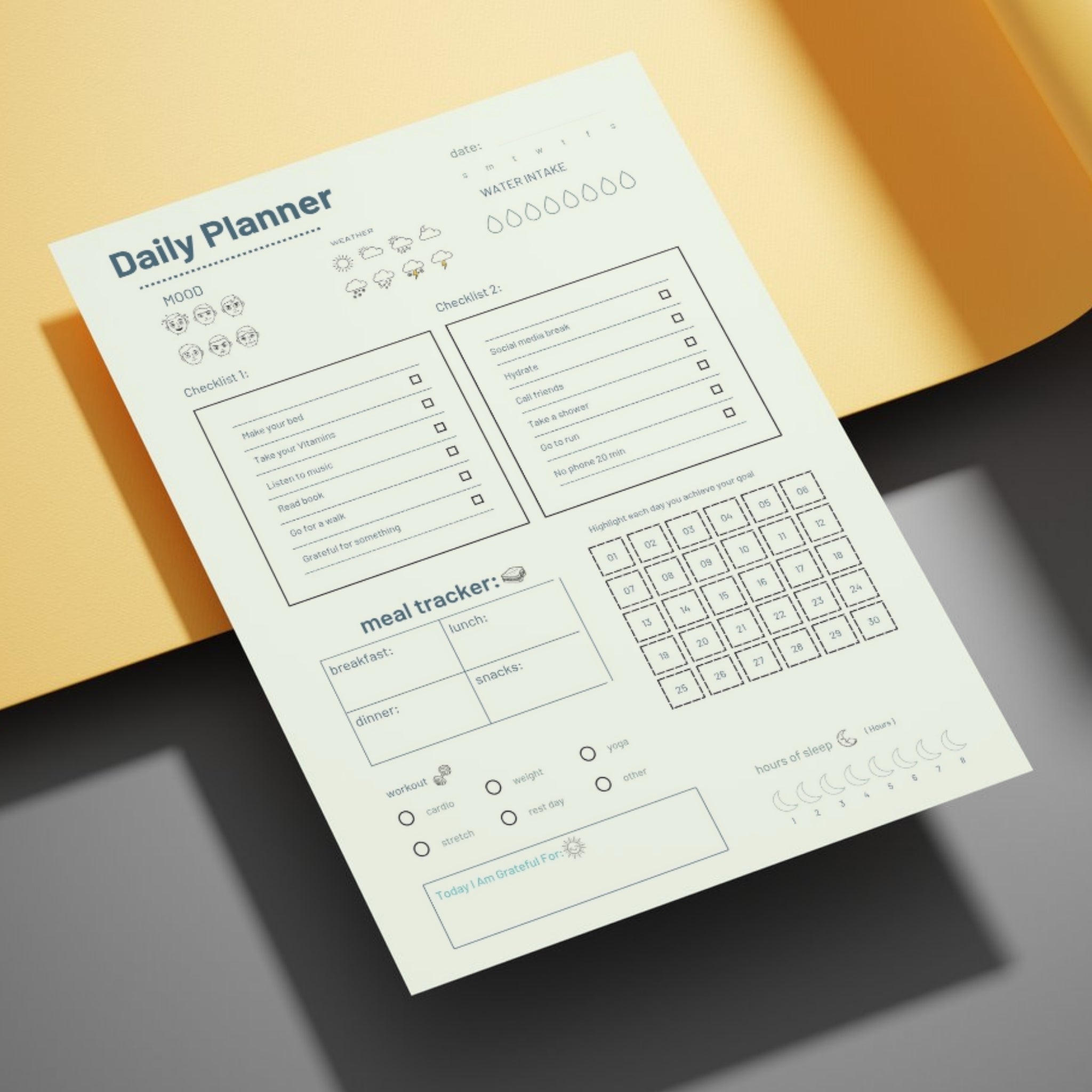 daily planner 5x7 printable mood water meal workout sleep gratitude