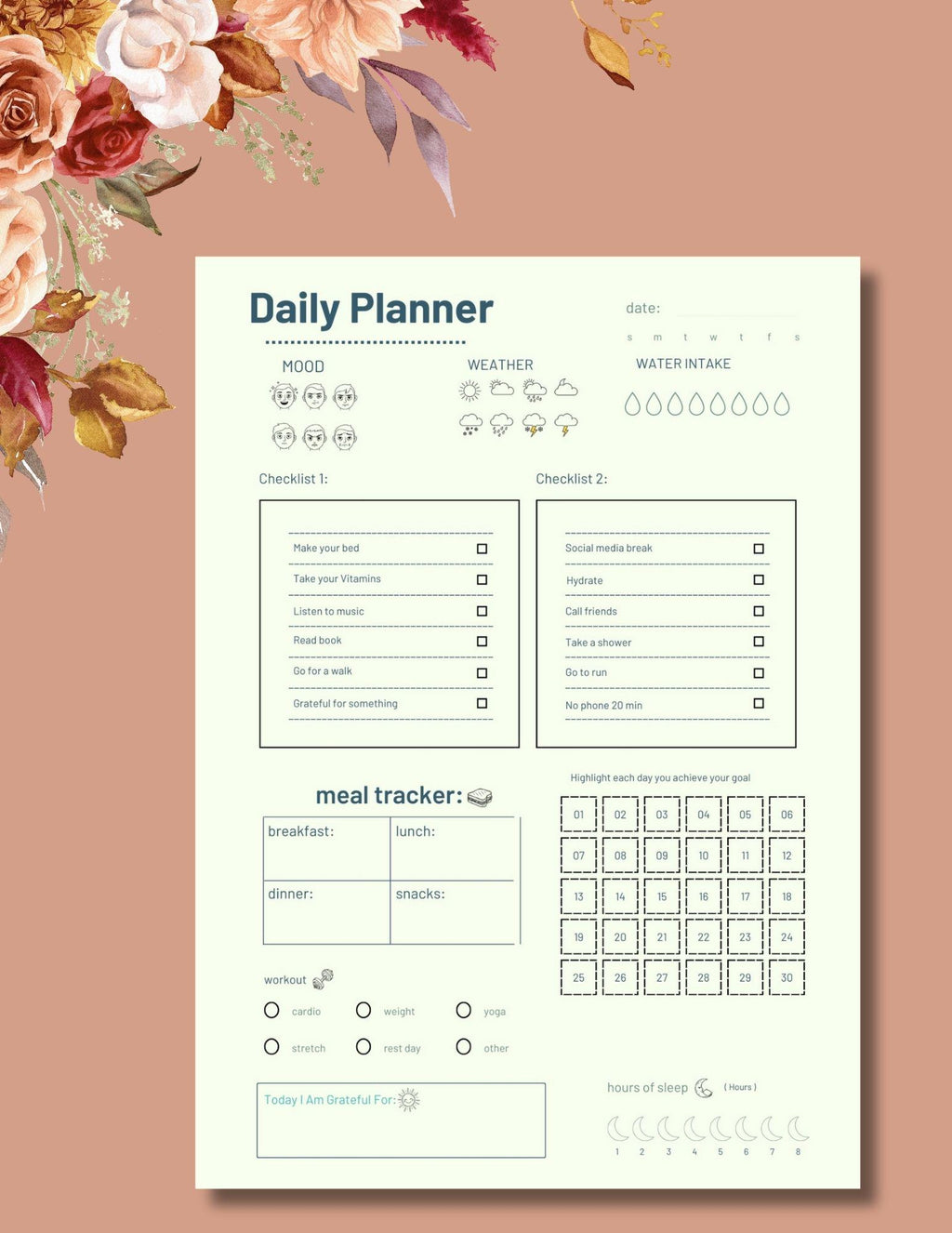 daily planner 5x7 printable mood water meal workout sleep gratitude