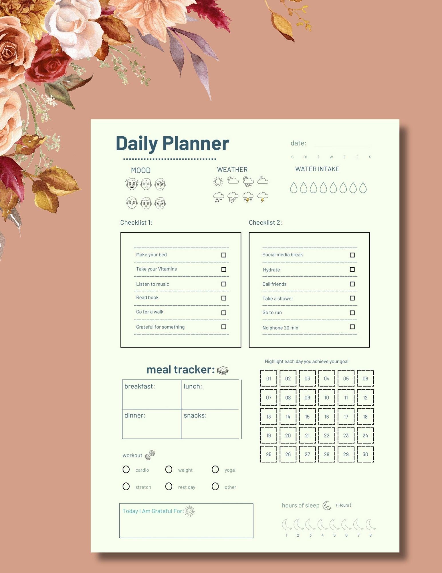 daily planner 5x7 printable mood water meal workout sleep gratitude