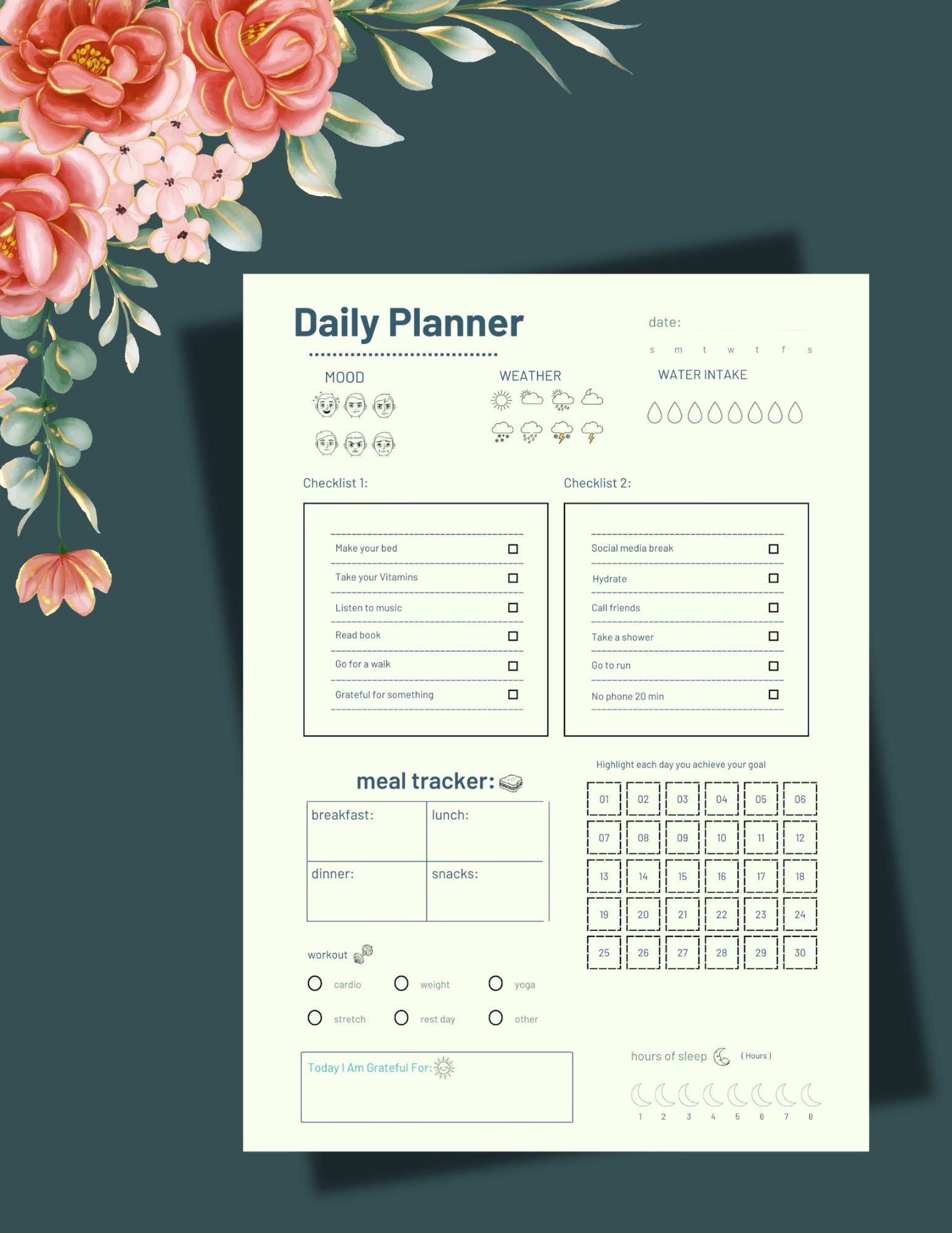 daily planner 5x7 printable mood water meal workout sleep gratitude