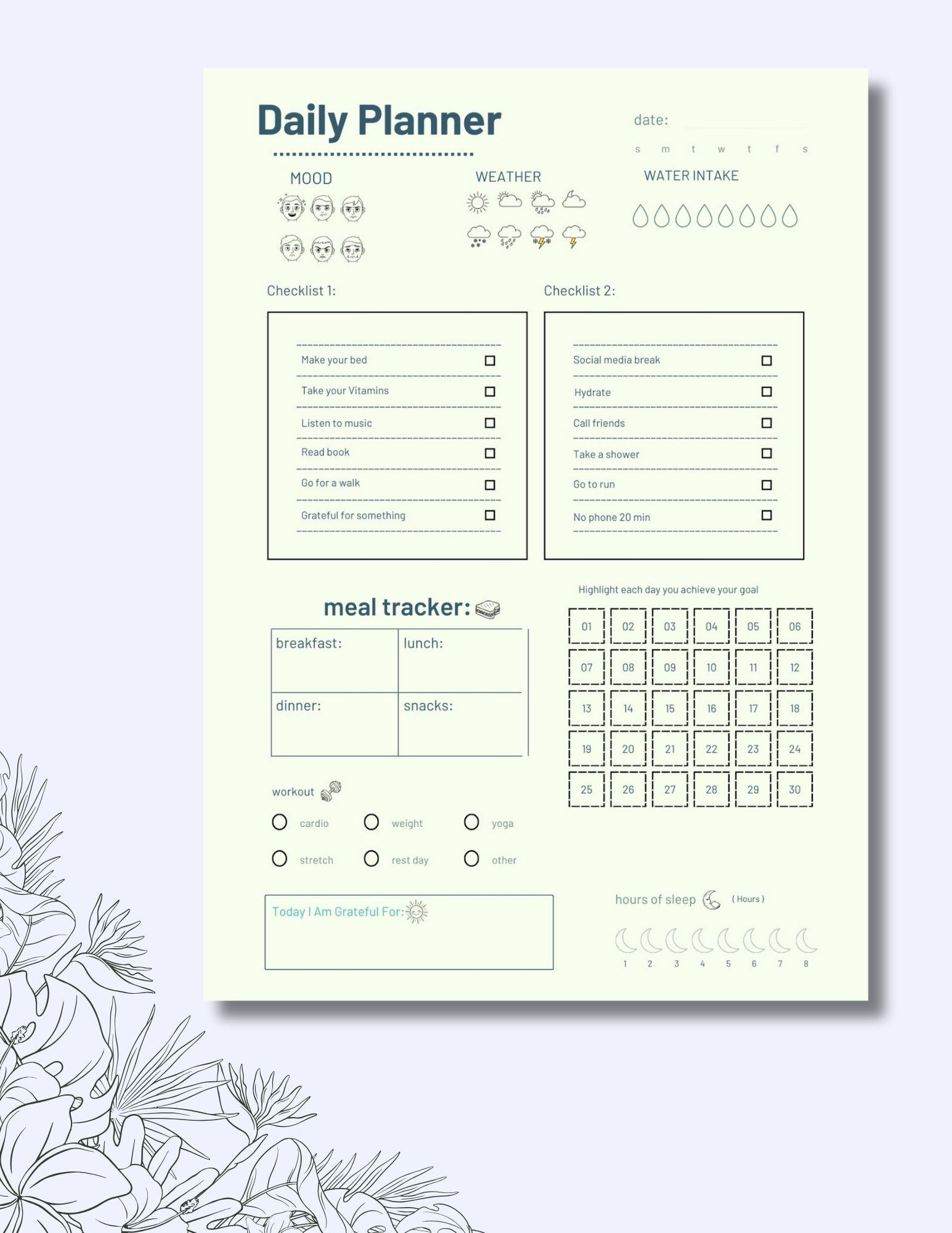 daily planner 5x7 printable mood water meal workout sleep gratitude
