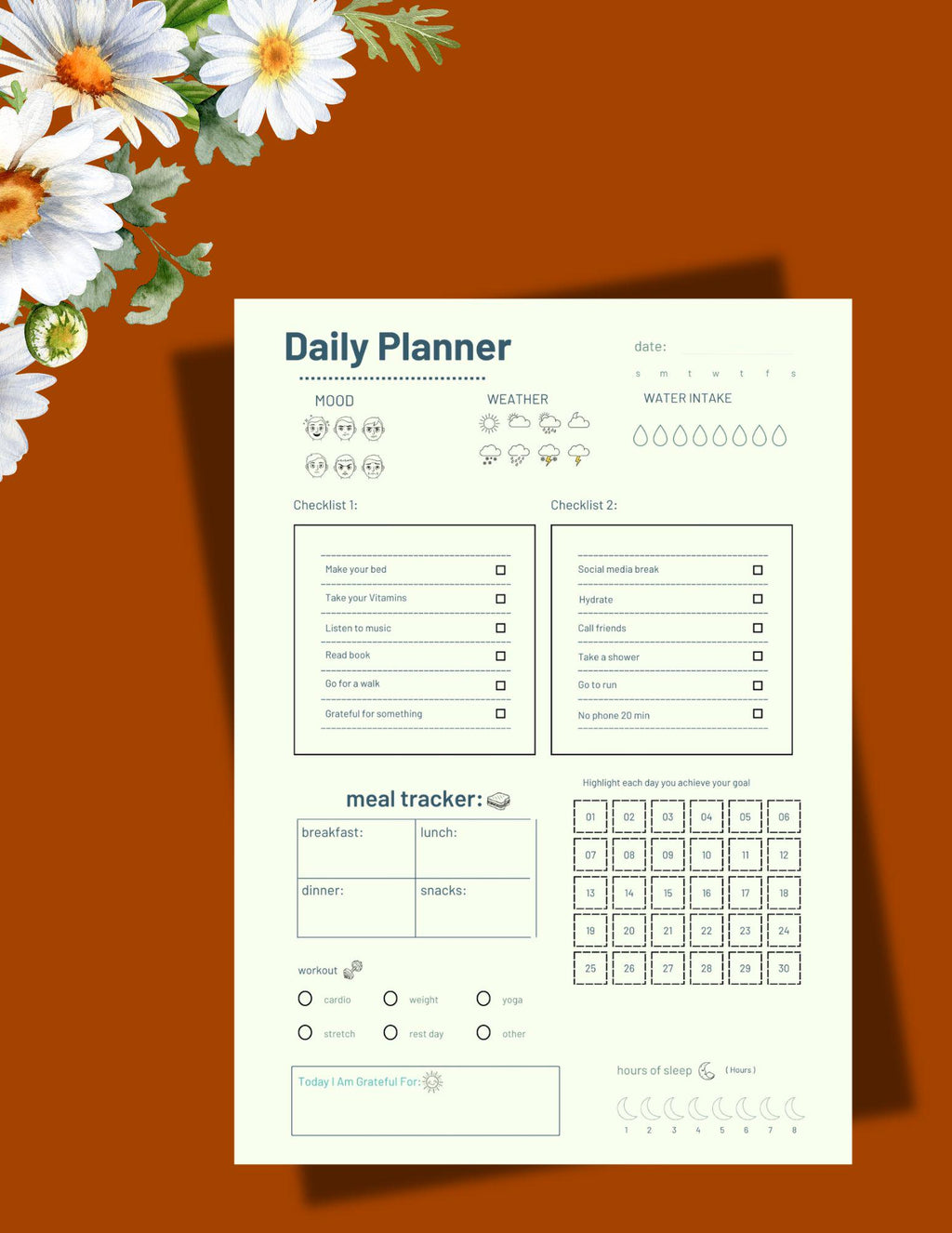 daily planner 5x7 printable mood water meal workout sleep gratitude