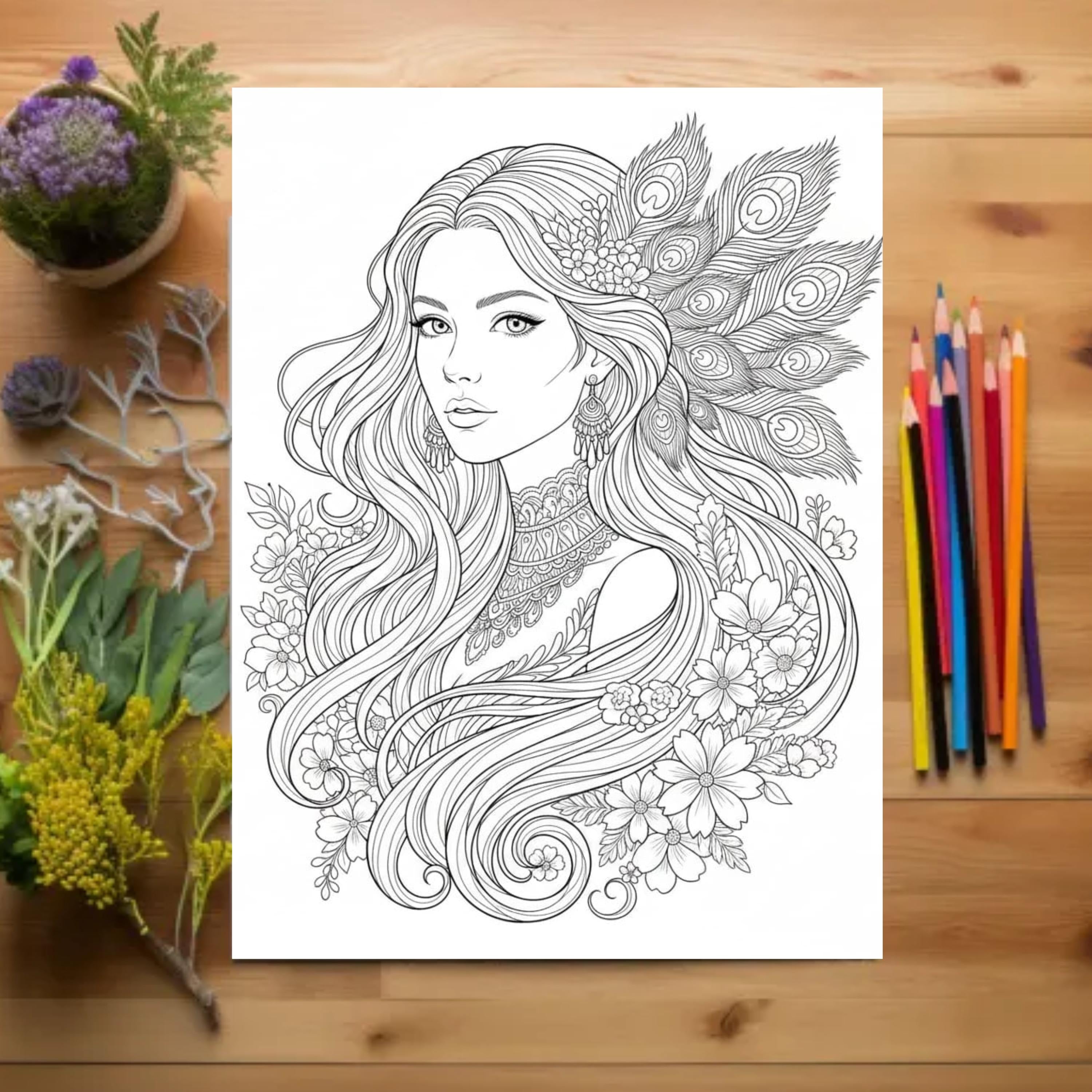 adult coloring book women with flowers floral design