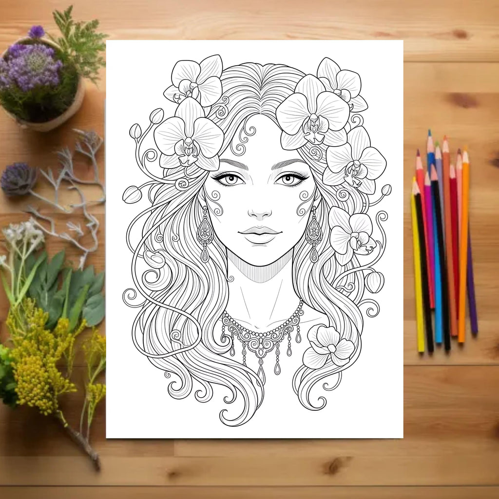 adult coloring book women with flowers floral design