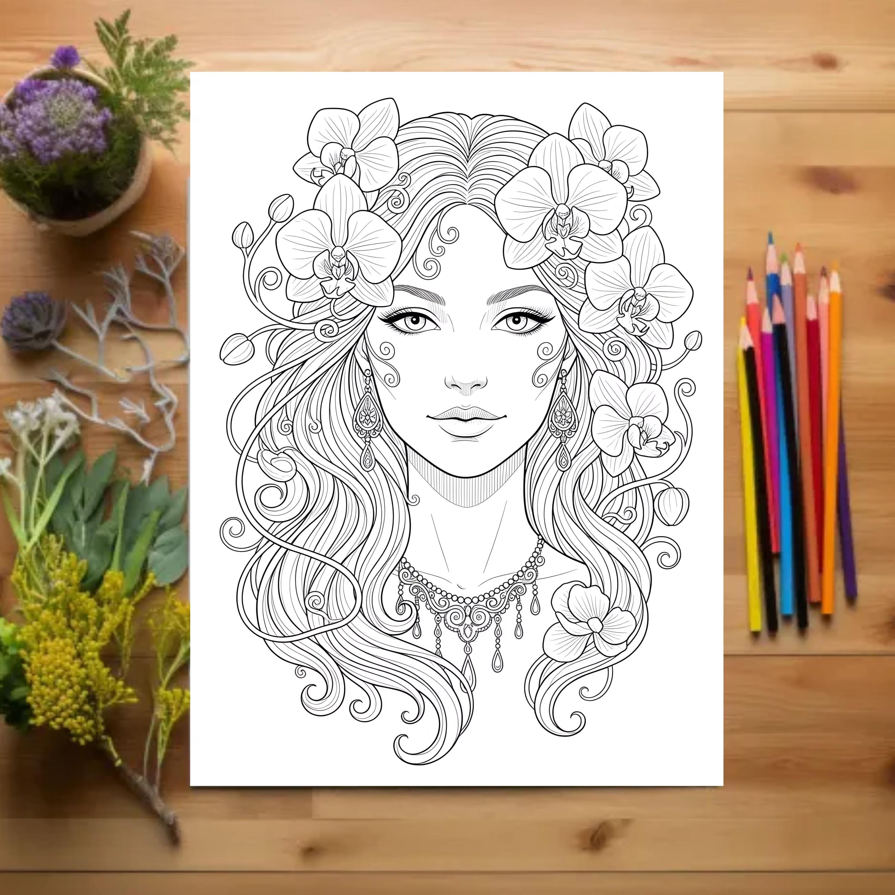 adult coloring book women with flowers floral design