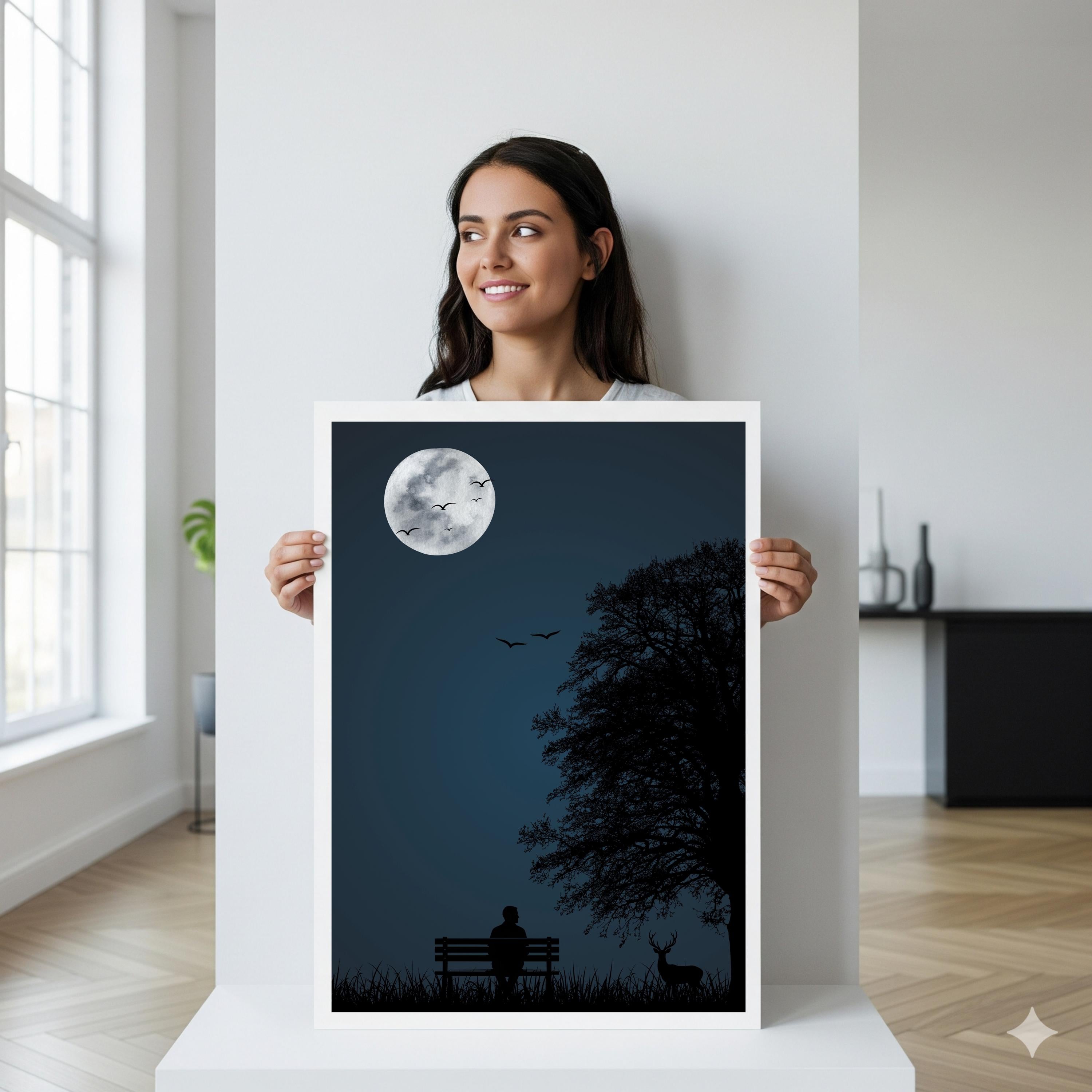 Japandi tree silhouette wall art poster digital download