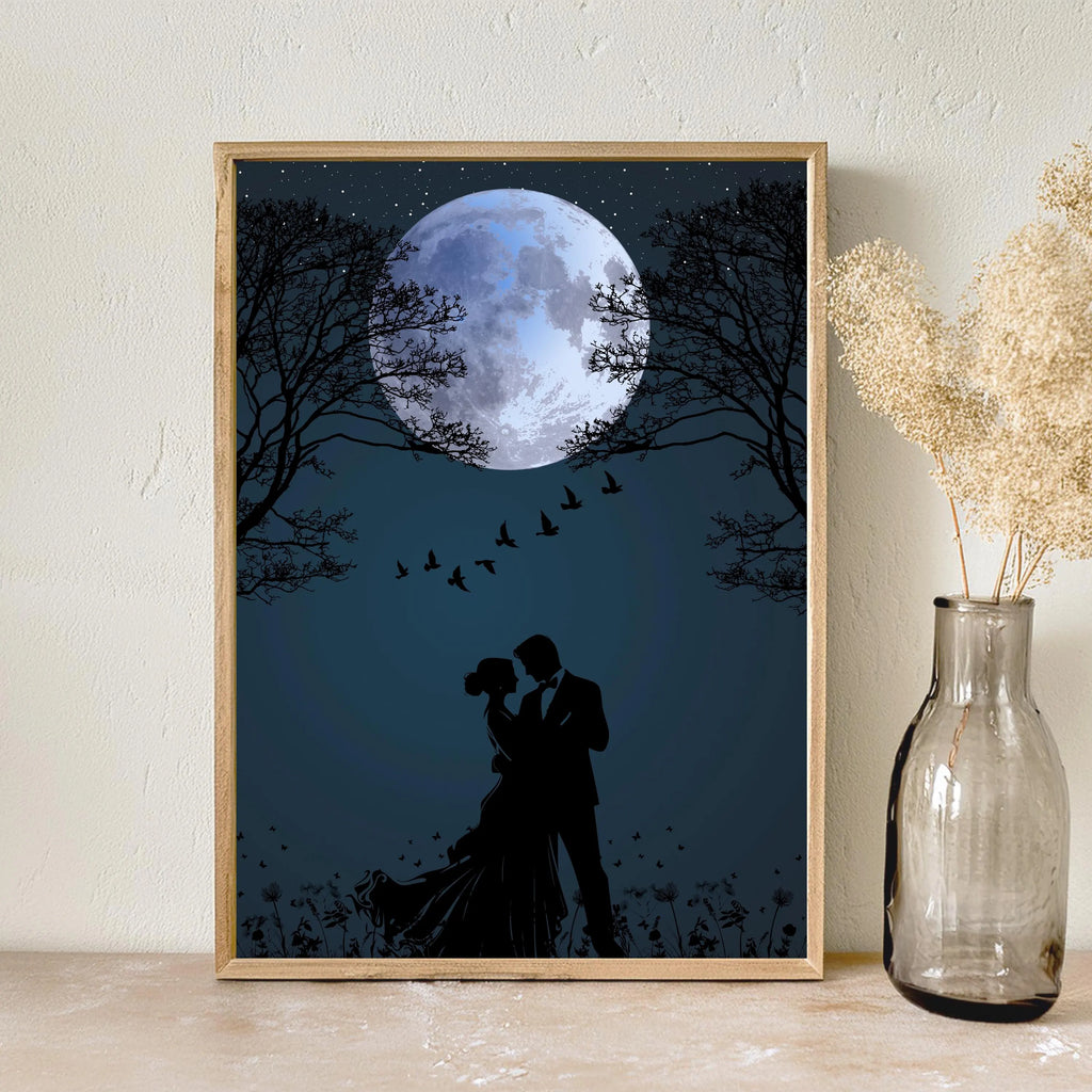 Dancing Couple Silhouette Wall Art | Romantic Moonlight Poster | Couple Love Birds Print | Wedding Anniversary Digital Download