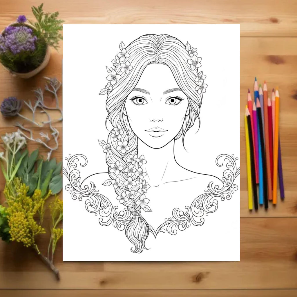 adult coloring book women with flowers floral design