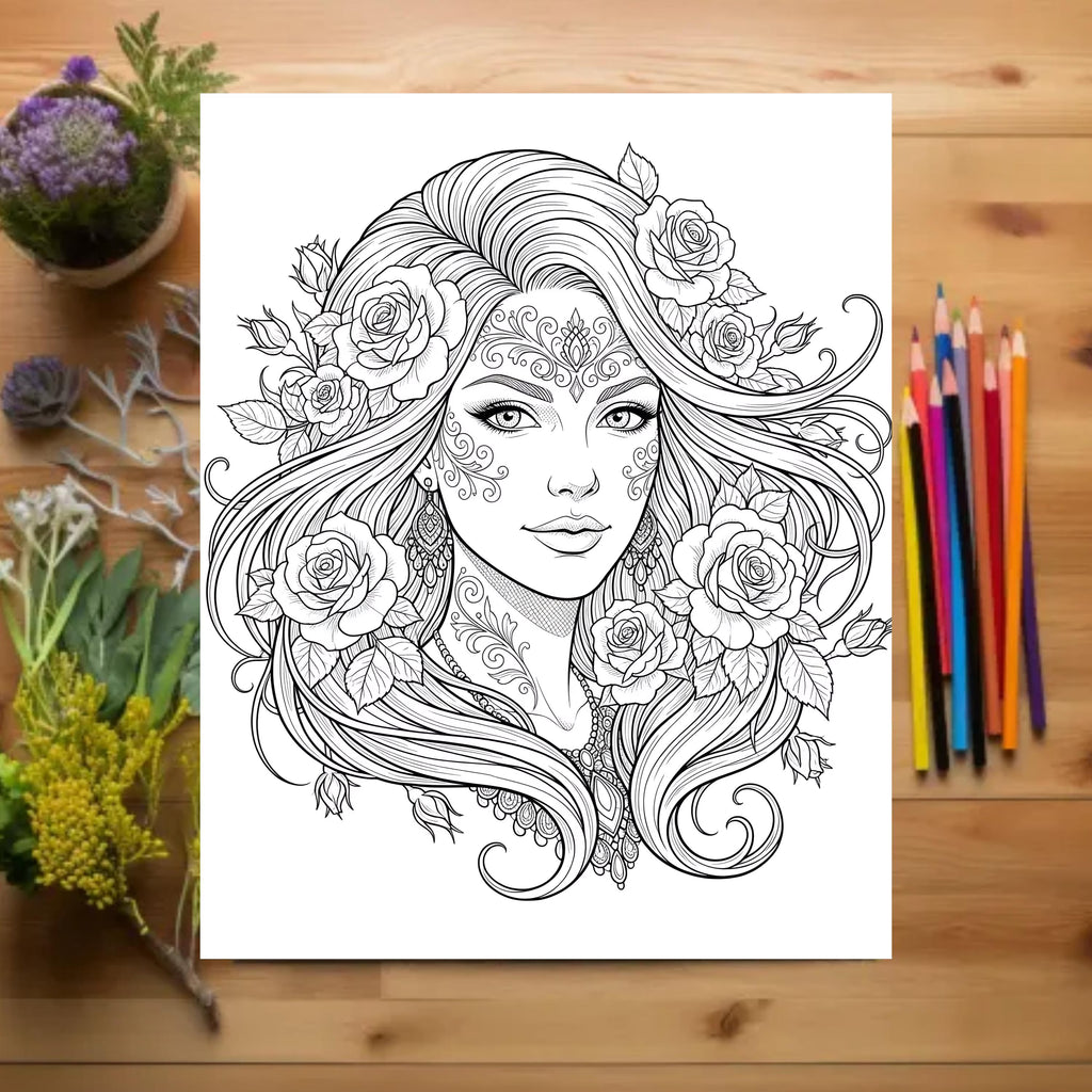 adult coloring book women with flowers floral design