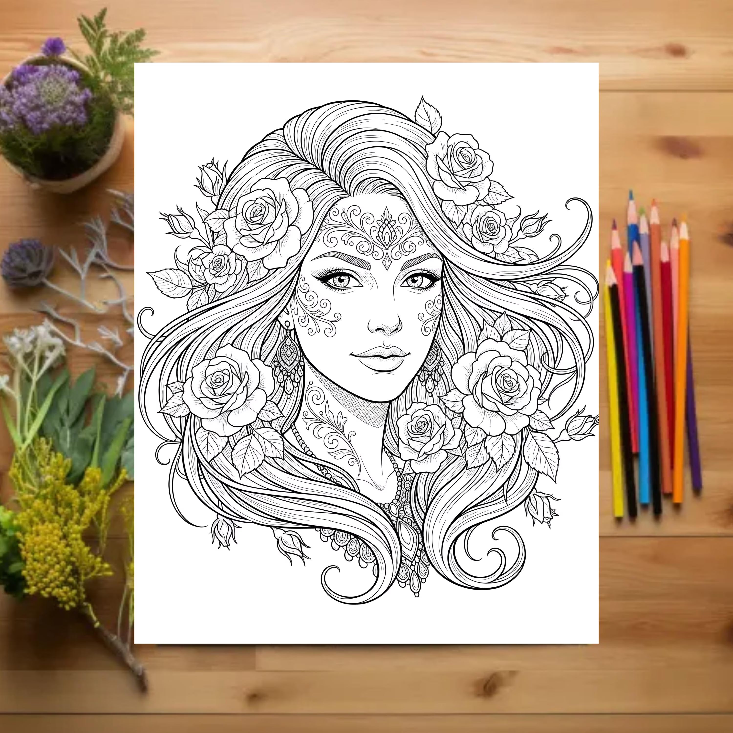 adult coloring book women with flowers floral design