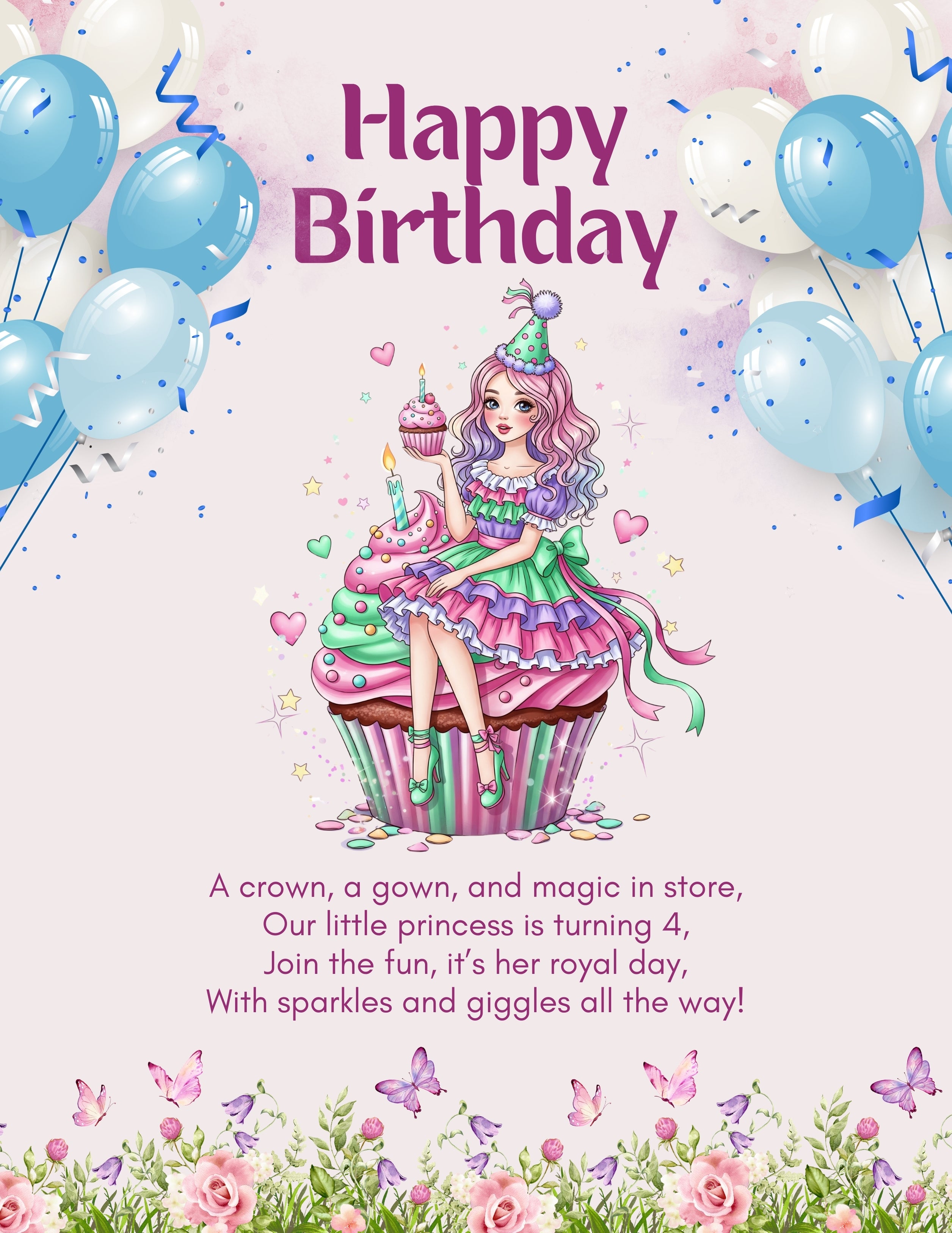 Princess Cupcake Birthday Card: Magical Girl's Printable (PDF/JPG Download